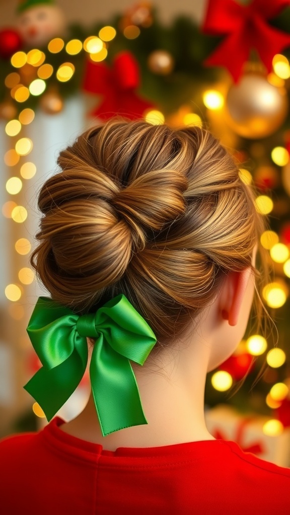 Festive Christmas Hairstyles with Green Bow A stylish Christmas hairstyle with a classic bun and a green bow, set against a festive backdrop.